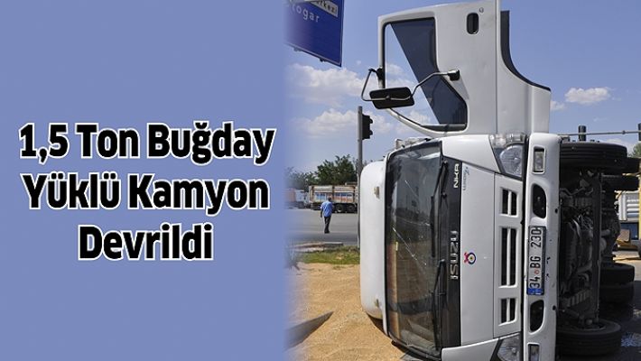 1,5 TON BUĞDAY YÜKLÜ KAMYON DEVRİLDİ