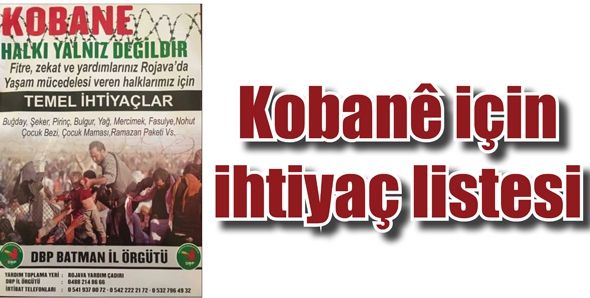 KOBANÊ İÇİN İHTİYAÇ LİSTESİ